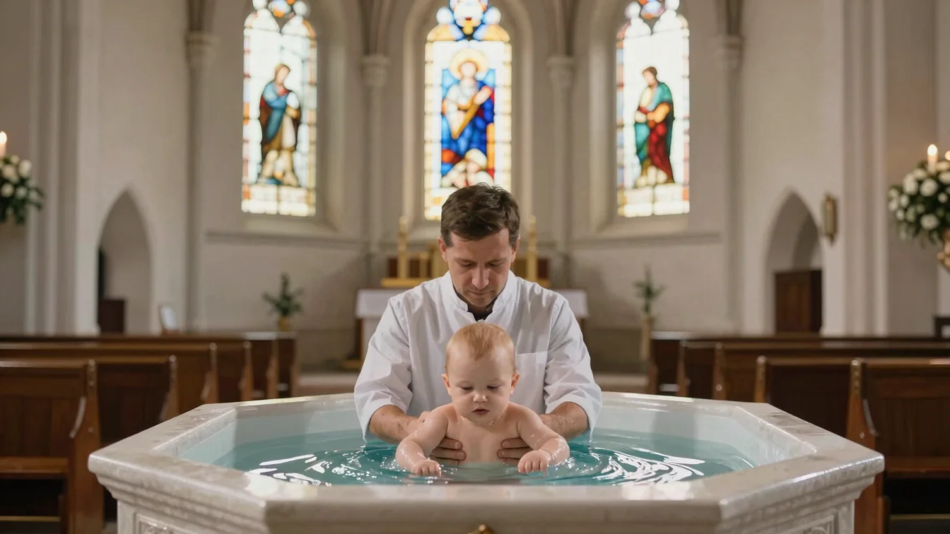 Infant baptism ceremony, soft natural light illuminating the baptismal font, traditional church interior, 35mm lens