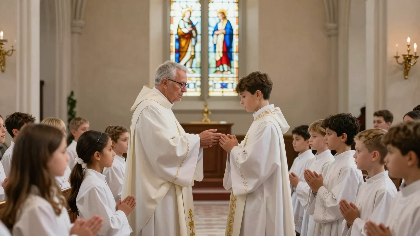 Children receiving First Holy Communion, soft ambient interior daylight, stained glass light, traditional neutral tones,