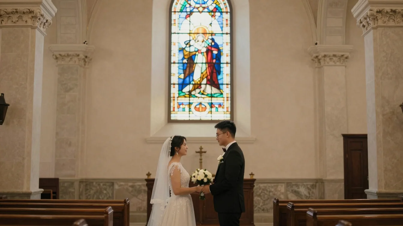 Couple exchanging vows in a church, warm editorial architectural photography, soft ambient interior daylight, stained gl