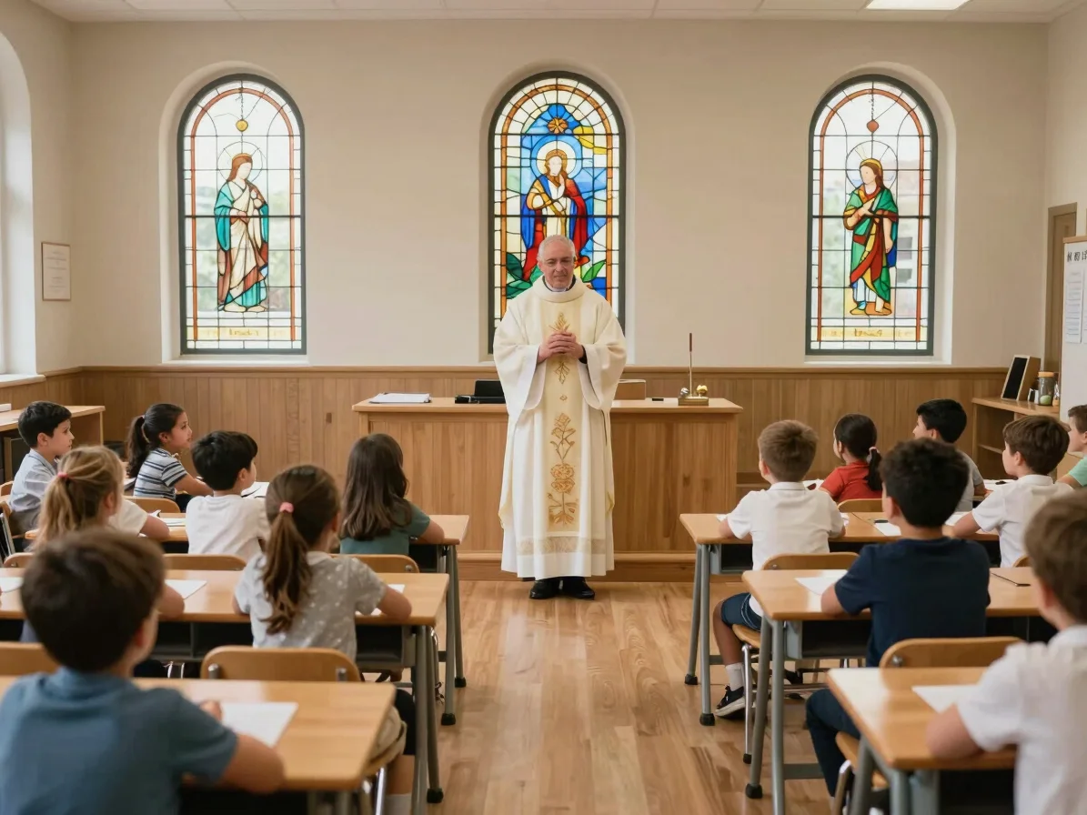 Children in a classroom setting with a catechist, warm editorial interior photography, soft natural light, traditional n