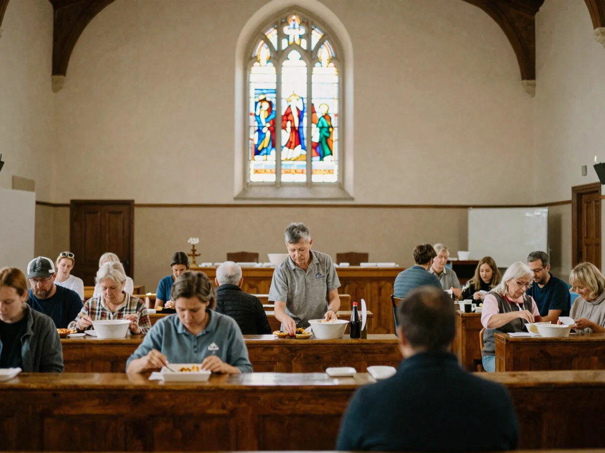 Volunteers preparing food for a community meal in a parish hall, warm editorial photography, soft ambient interior dayli