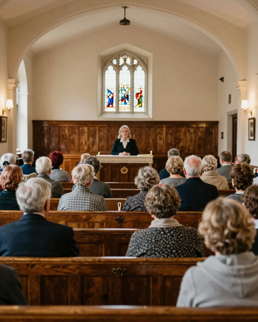 Interior shot of a parish hall with families and individuals gathered, soft ambient lighting, warm traditional decor, a
